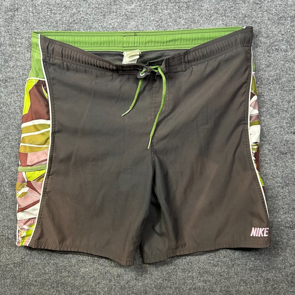 Nike Swim Trunks Mens 40 Brown Good Vintage Mesh Lined Geometric Drawstring